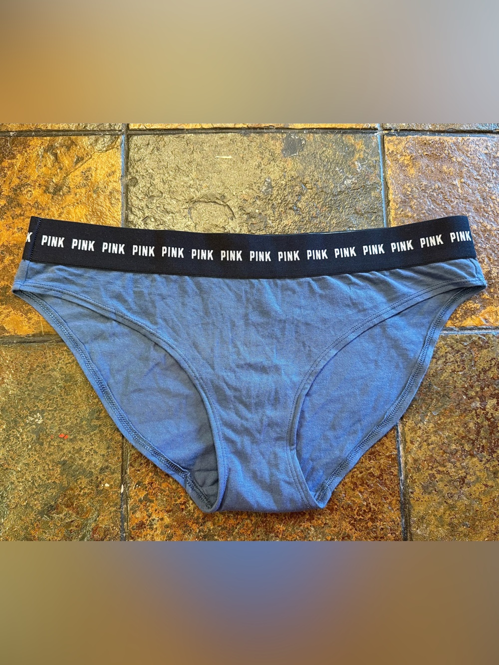 PINK Victoria's Secret Blue Hipster Panty with Black Logo Waistband